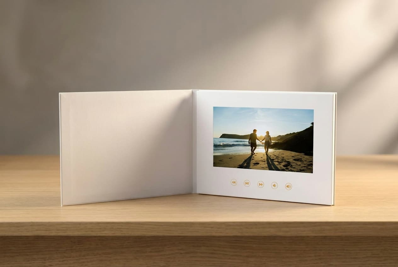 Videobook keepsake — hardback book open with the video playing on the built-in screen